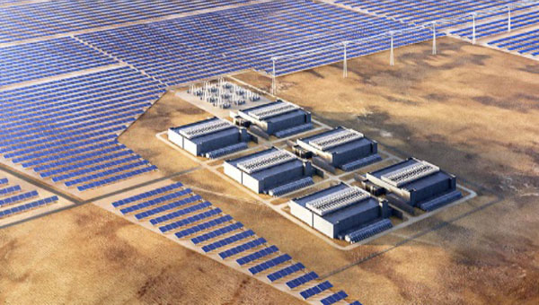 A rendering of a battery storage facility surrounded by solar panels in field