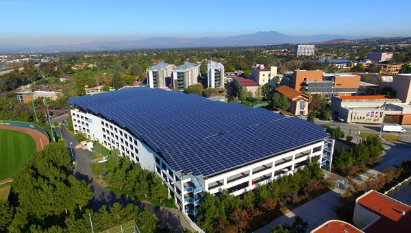 Corporate parking garage roof covered in solar panels