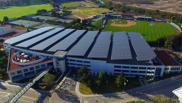 Corporate parking garage roof covered in solar panels
