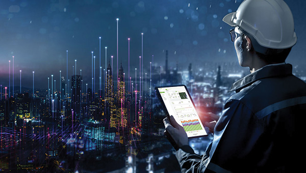 Rendering of employee in a hard hat looking at data on a tablet