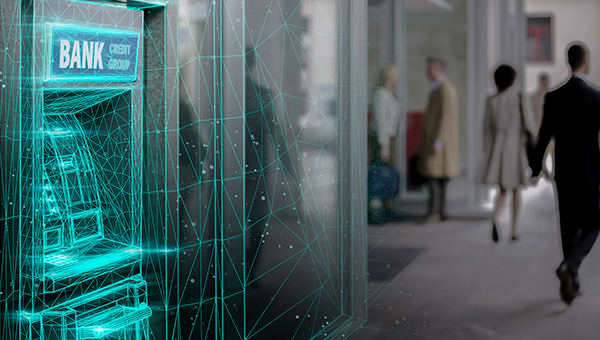 Retail banking concept with a technical grid overlay