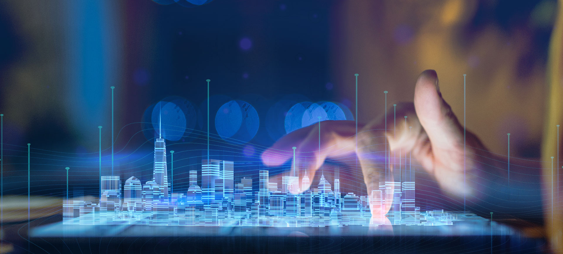 Data analysis showing hand touching the schematic of city