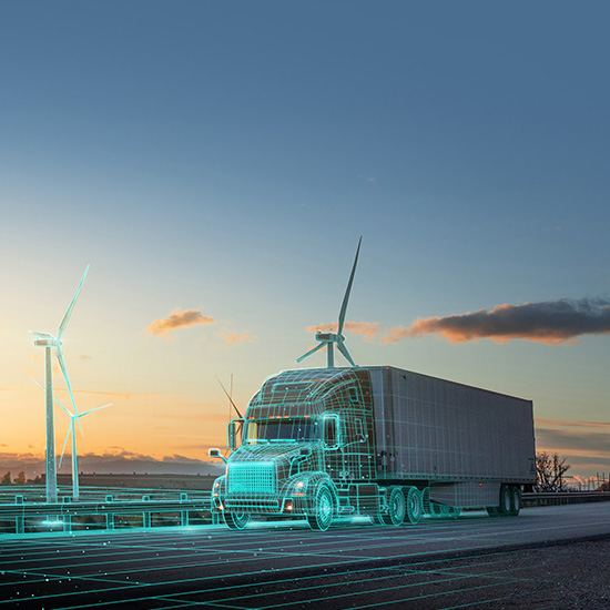 Concept of a truck on a highway with turbines with a technical grid overlay Concept of a truck on a highway with turbines with a technical grid overlay