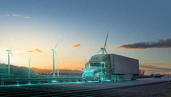 Concept of a truck on a highway with turbines