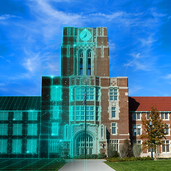University building concept with a technical grid overlay University building concept with a technical grid overlay