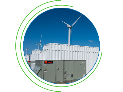 Solar & wind energy center behing the energy storage containers