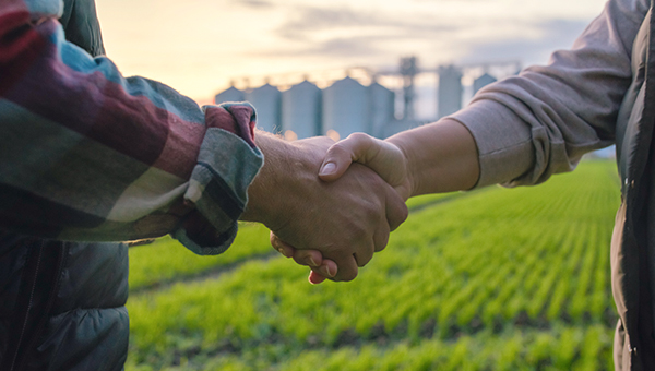Farmers shaking hands on farmland