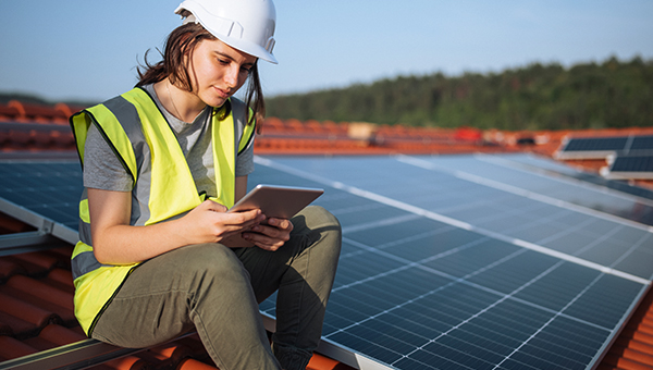 Young lady installing solar panels looking at a tablet