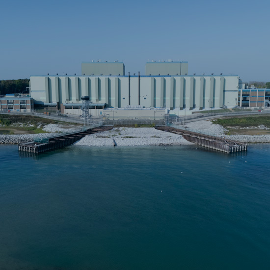 Point Beach nuclear power plant by Lake Michigan, aerial view of facility and substation.