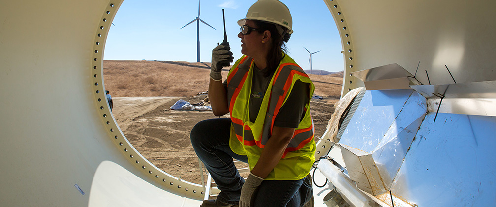 Golden Hill woman employee inside wind turbine  