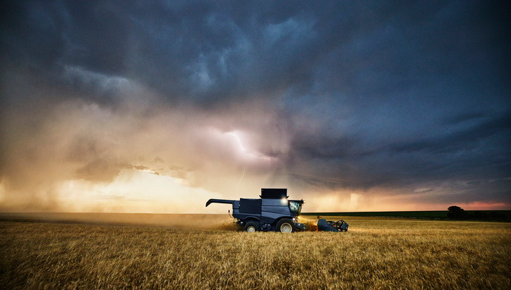 Harvester in wheat field during approaching thunderstorm with lightning on the horizon