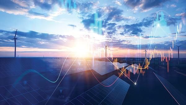 Solar farm with wind turbines and digital financial charts overlayed
