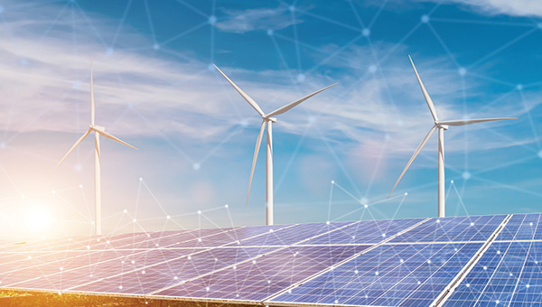 Solar panels and wind turbines against connected smart grid