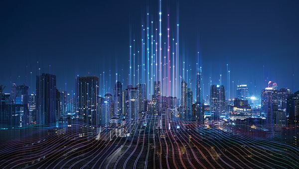 Abstract city with increasing telecommunications overlay