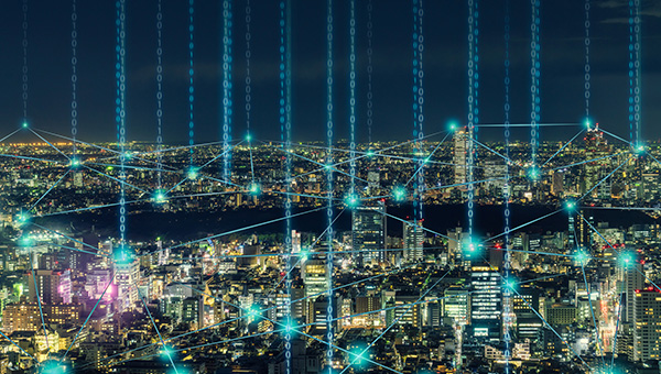City with data points communication overlay