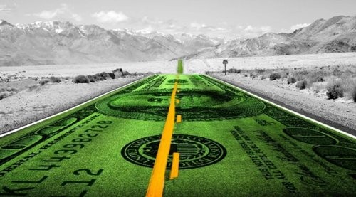 Graphic of a road made of a hundred dollar bill