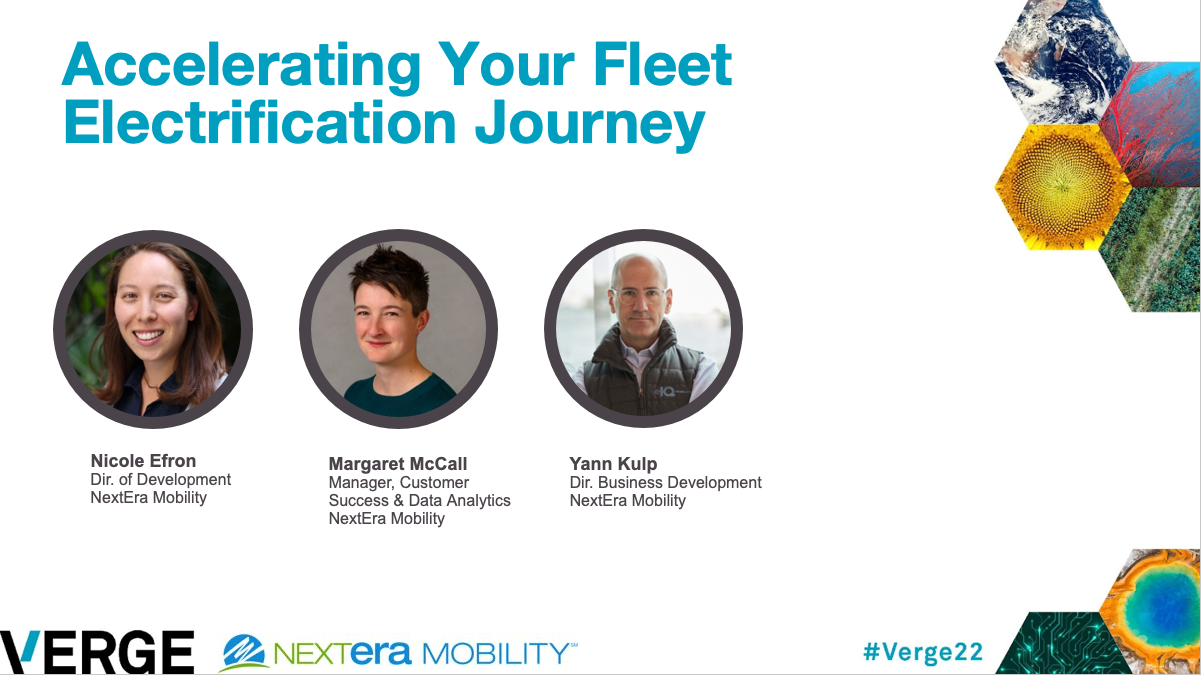 Cover slide for "Accelerating your fleet electrification journey" a NextEra Mobility presentation for VERGE 22