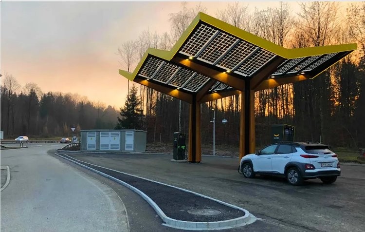 EV at a solar powered charge station