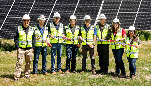 Workers in hard hats in front of solar panels