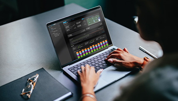 Businesswoman checking analytics data on laptop
