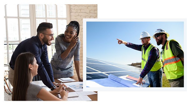 An image of NextEra employees smiling in an office as well as an image of a two NextEra engineers near a solar panel